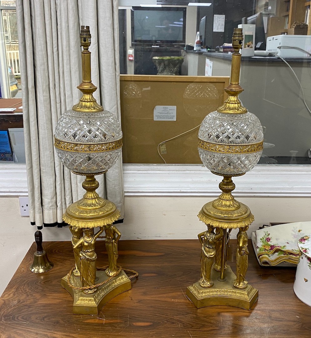 A pair of Victorian style gilt metal and glass table lamps with classical female figural bases, height 86cm